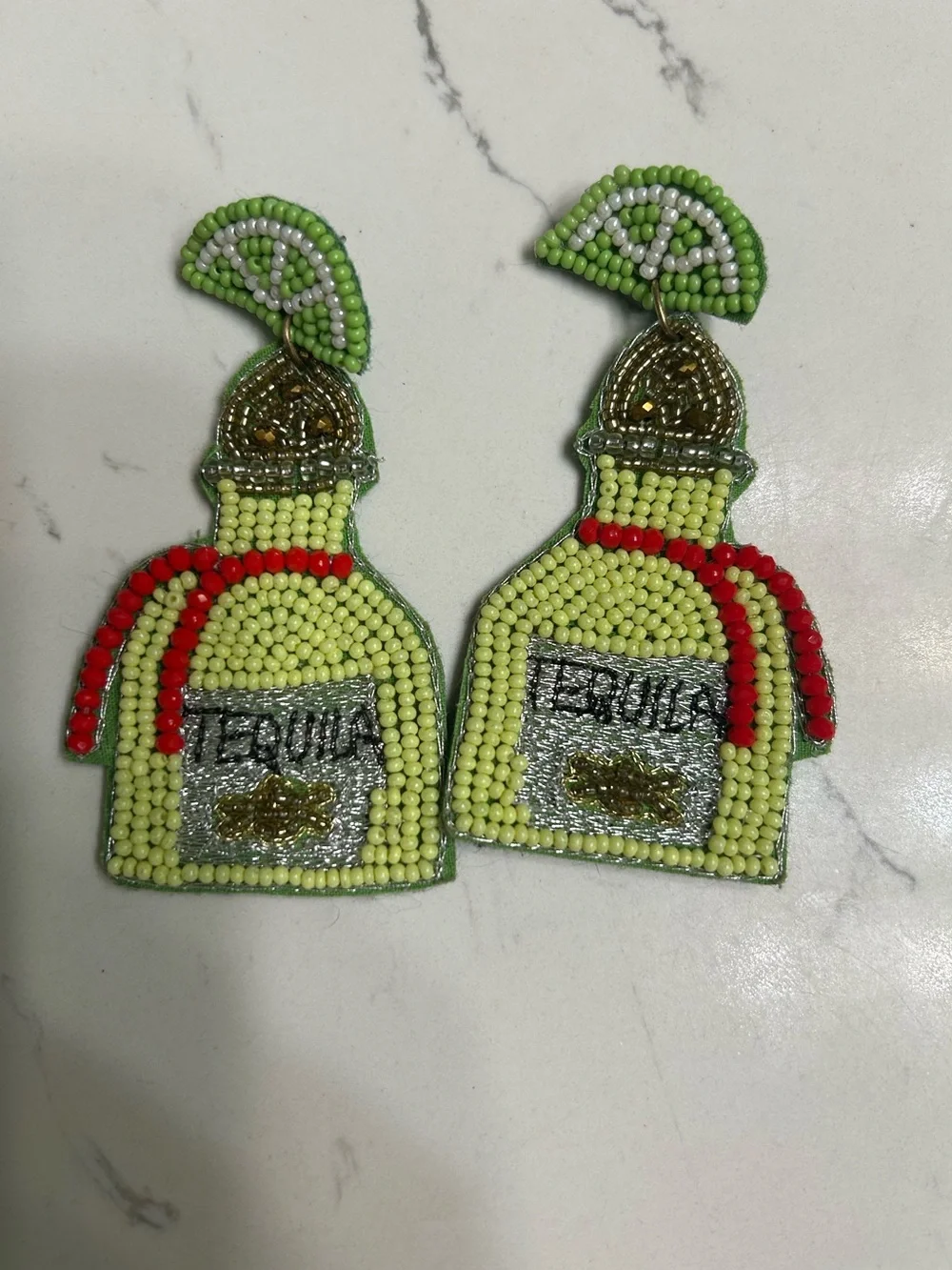 Beaded Lime Tequila Bottle Drop Earrings - Unbranded